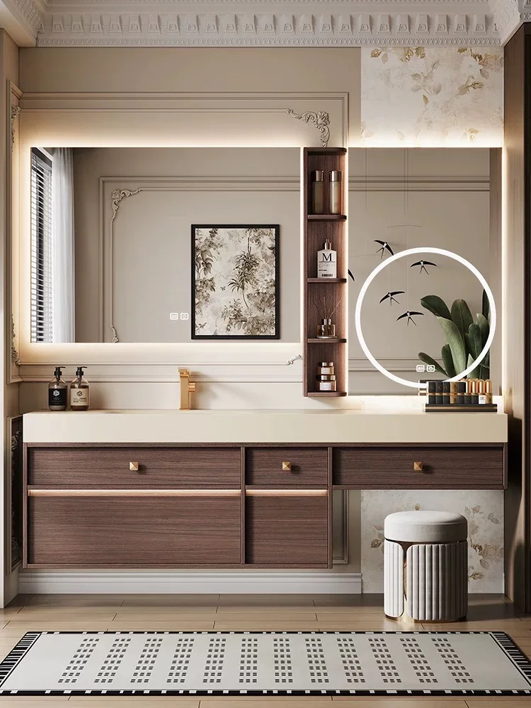 Modern Medieval ENF Wooden Dresser and Dresser Chair | Smart Mirror | Waterproof Sintered Stone Curved Basin | Wall Mounted