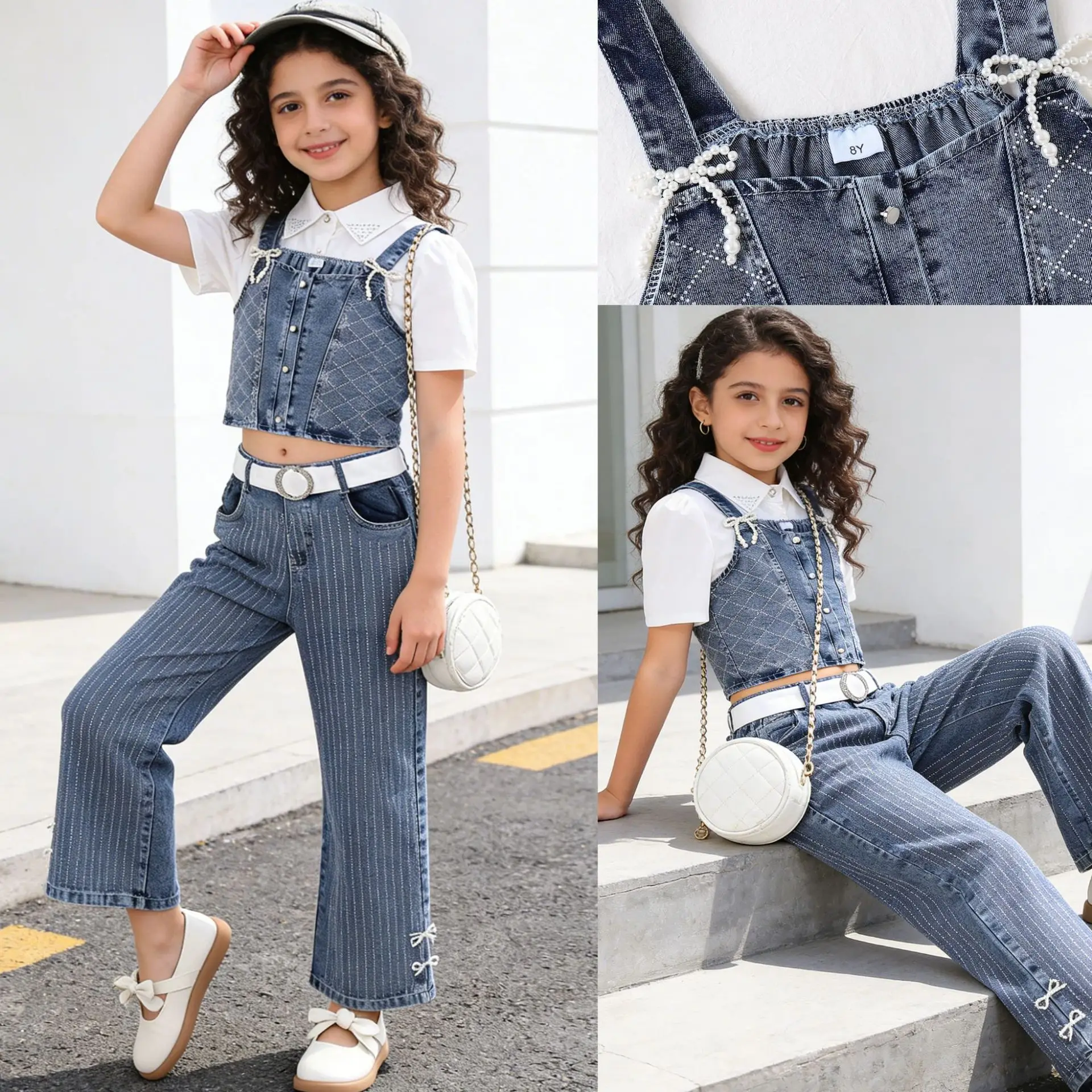 Spring Summer 3pcs Girl Clothes Set Short Sleeve Collar Shirt Denim Crop Top Wide Leg Pinstripe Jeans Kids Boutique Outfits Y2K