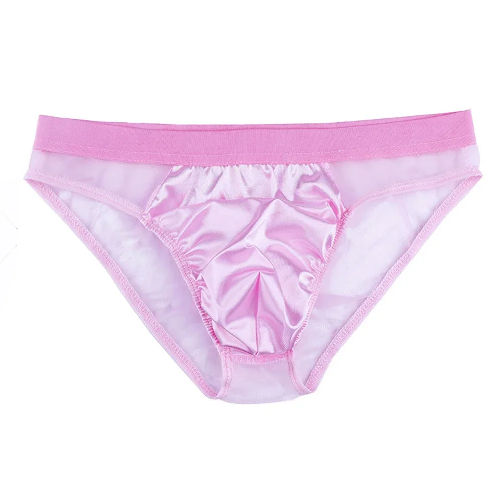 Bragas sexis Sissy para hombre, bragas rosas de satén de malla, bragas sexis con perspectiva para hombre, calzoncillos con bolsa convexa de Bikini transpirable de cintura baja