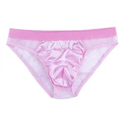 Sexy Men Sissy Panties Mesh Satin Pink Briefs Sexy Perspective Panties Man Low Waist Breathable Bikini Convex Pouch Underpants