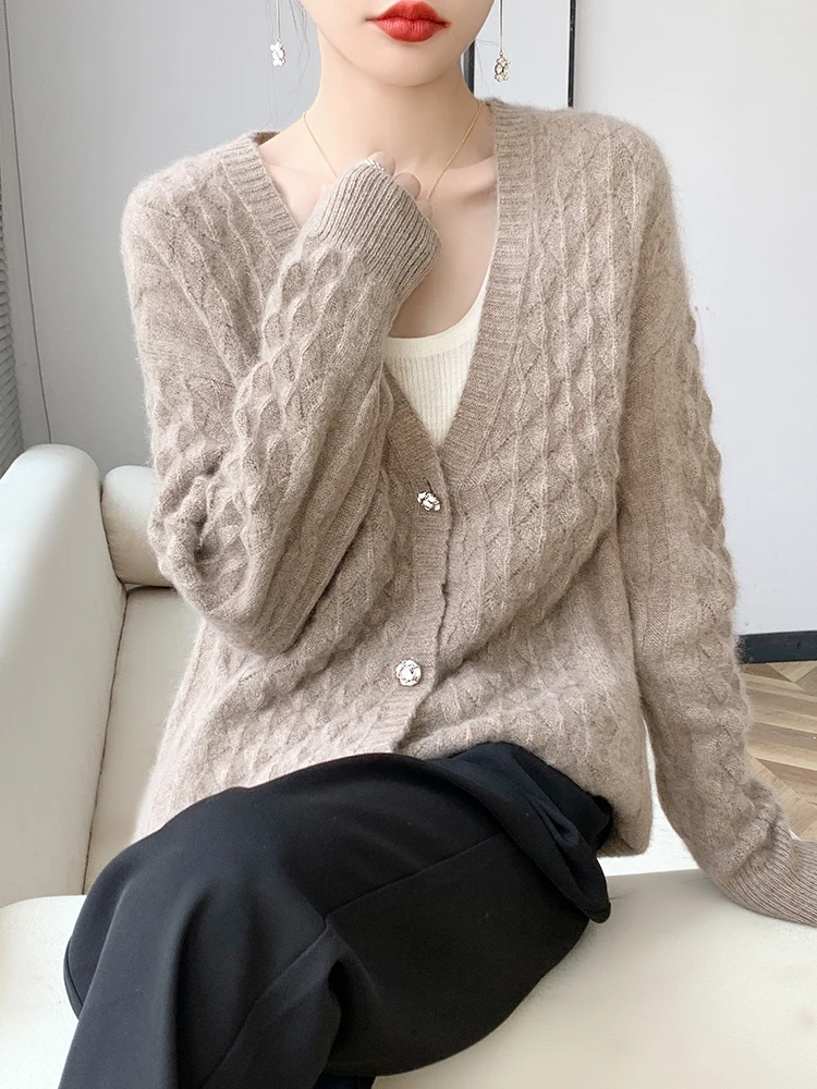 

Autumn Winter Women's Warm V-neck Cardigan Casual Loose Comfortable 100% Merino Wool Knitted Sweater Retro Style Female Tops