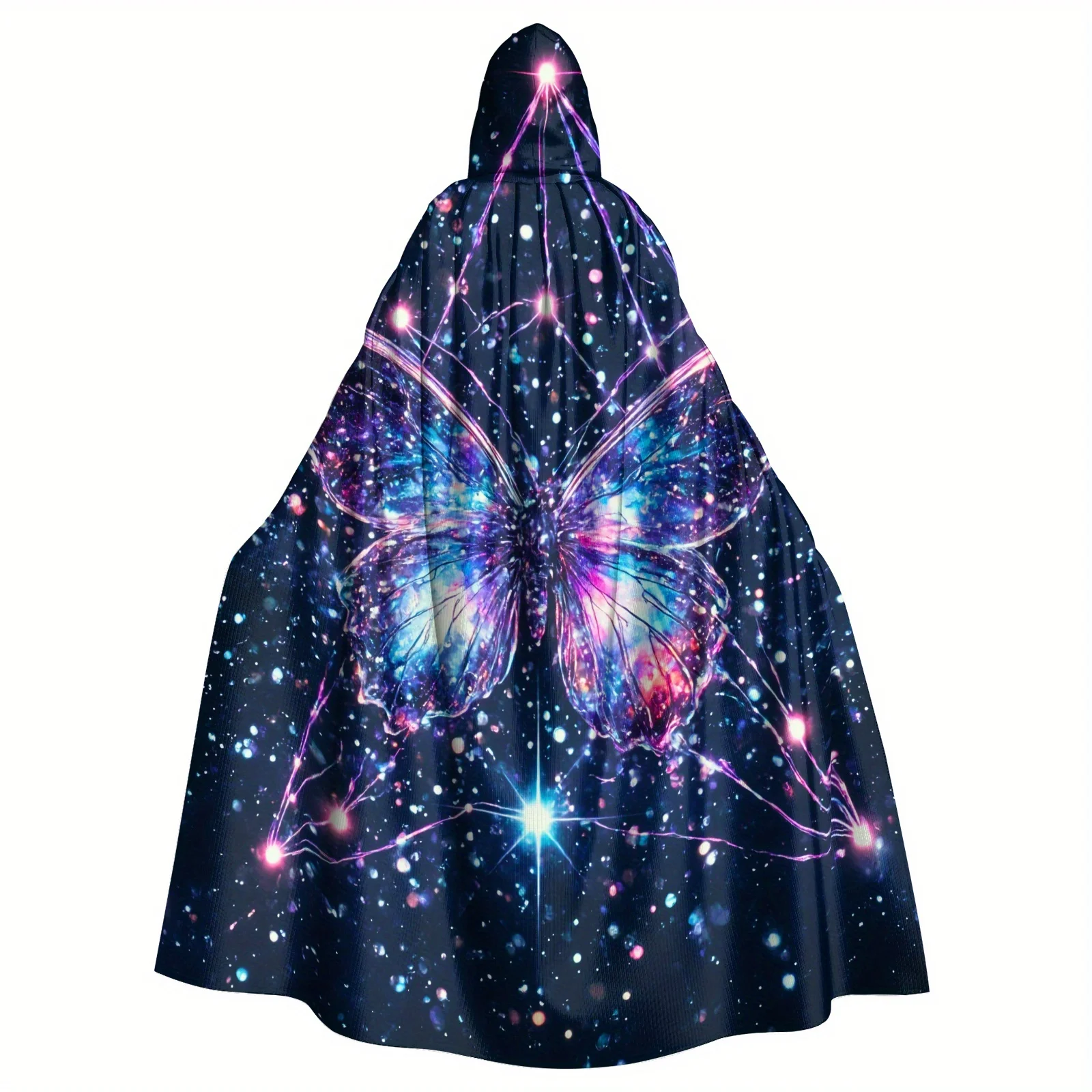 Vintage Butterfly and Star Sky Hooded Cape Enchanting Adult Cloak with Magical Butterfly Galaxy Design, Black Polyester
