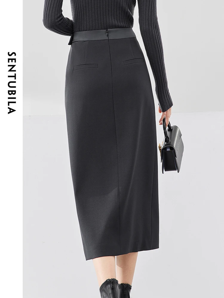 SENTUBILA Dark Grey High Waist Straight Skirt Woman 2024 Spring Solid Split Belt Women's Midi Skirts Female Clothing 141Q52705