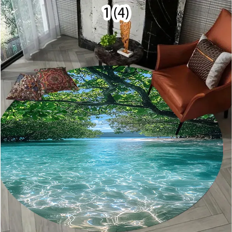 Natural Landscape Living Room Round Carpet Forest Lakes Pattern Area Rug Modern Home Decor Soft Non-slip Floor Mat for Bedroom