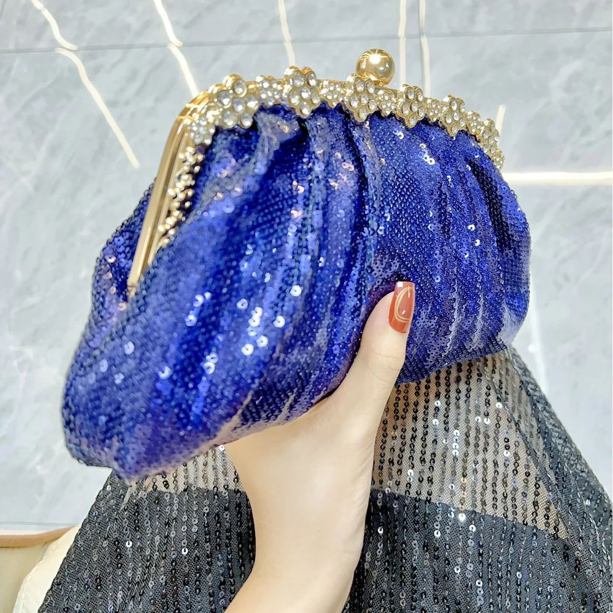 Retro Blue Black Silver Sequin Small Clutch Bridal Handbags Wedding Party Evening Bags For Women New Fashion Chain Shoulder Bag