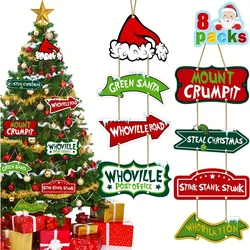 8 Pack Christmas Whoville Tree Decorations,Xmas Large Christmas Crafts Tree Hanging Ornaments Signs for Christmas Welcome to Hom