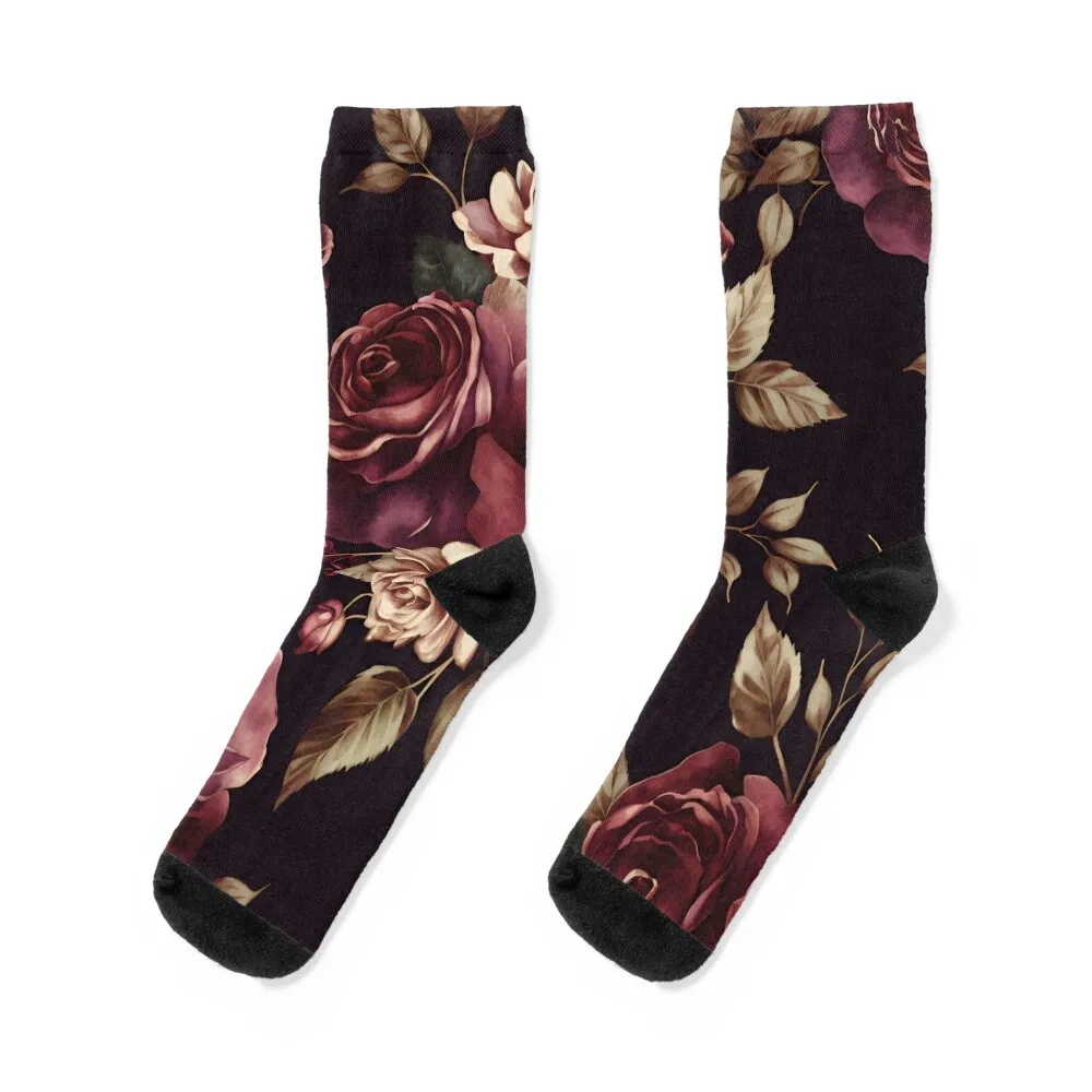 

Vintage style Pretty Botanical Garden Flowers, Textured Abstract Watercolor Art of Burgundy roses Socks