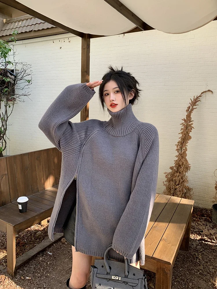 Sweaters Women Autumn Side-zipper Korean Commuting Style Fashion Turtleneck High Street Simple All-match Popular Knitting Chic