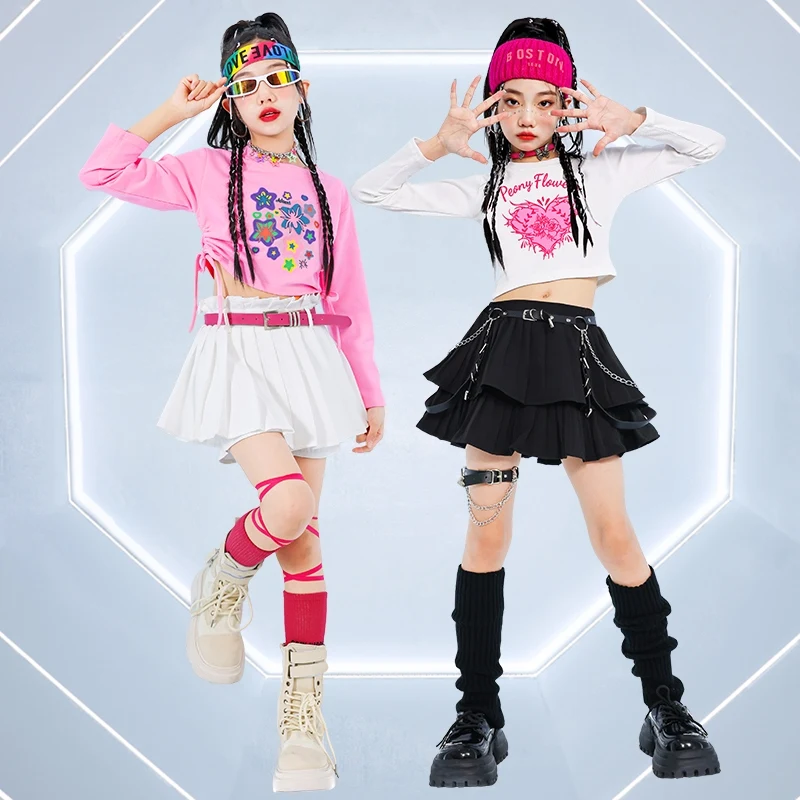 Dzieci Kpop Jazz Dance Stage Costume Girls Hip Hop Modern Dancewear Kids Fashion Jazz Clothing Crop Tops Cake Skirt Black 1104