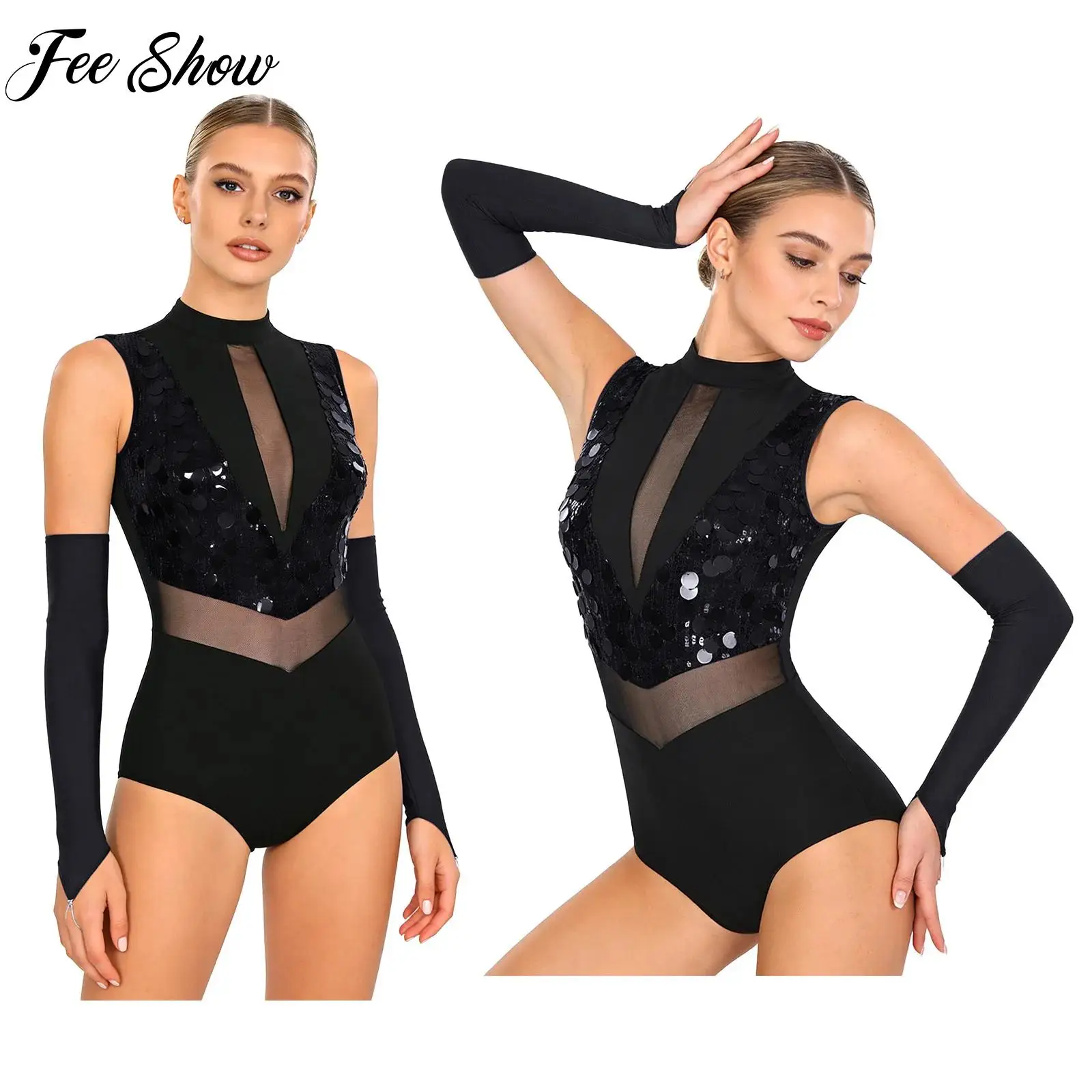 

Взрослые женские гимнастические спортивные костюмы для фигурного катания без рукавов с блестками купальник + перчатки комплект джазовые костюмы для латинского балета