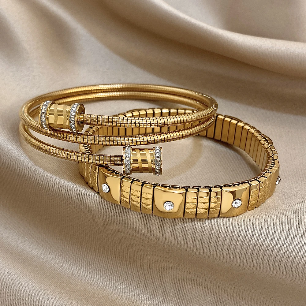 Lifefontier Stainless Steel Stackable Multilayer Elastic Wrap Bangle for Women Gold Plated Cylinder Charm Party Bracelet Jewelry