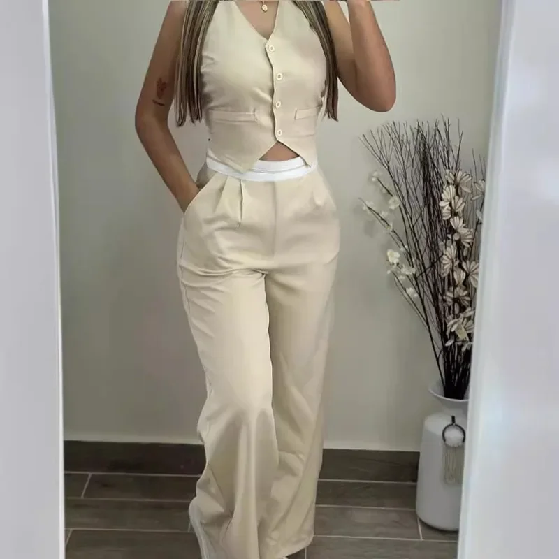 Spring Summer New Women's Clothing Solid Color Sleeveless V-neck Vest Top Elastic Waist Pants Two-Piece Set