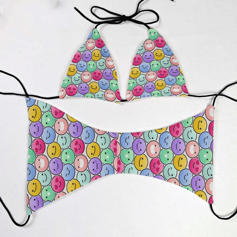 Women's sexy lace-up bikini suit, fashionable and funny love smiley face print bikini swimsuit, beach swimsuit swimsuit