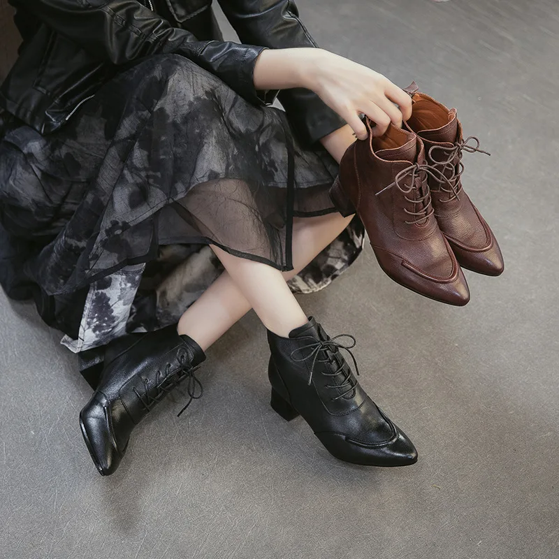 4.5 Cm Height Women's Ankle Boots with Height 2026 Autumn Fashion Genuine Leather Retro Office Social High Heels Pumps Woman