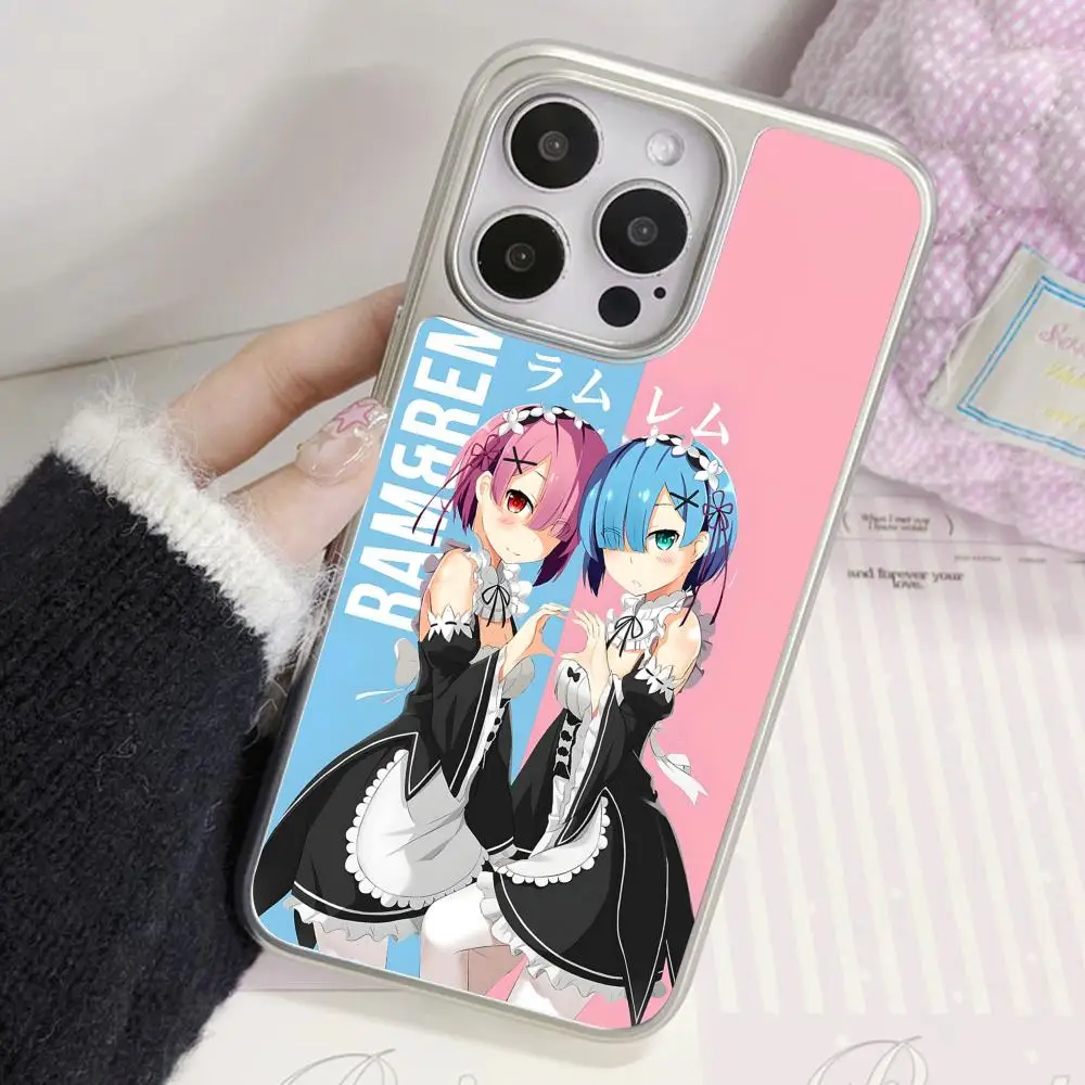 ReZero Rem Ram funda de teléfono móvil para iPhone 17 16 15 14 13 12 11 Air Pro Max Plus cubierta colorida chapada en plata para teléfono inteligente
