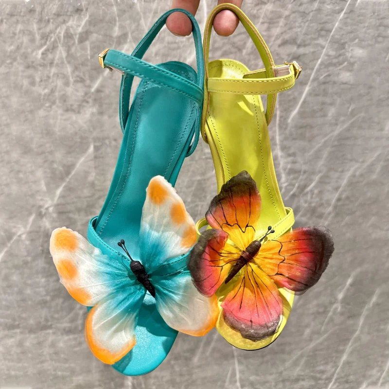 Butterfly Round Toe Summer Women Sandals Stiletto High Heels Buckle Strap Design Large Size Genuine Leather Sole Shoes