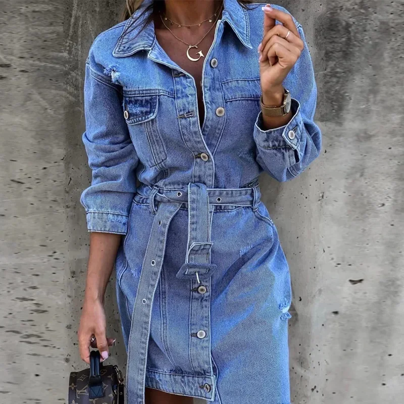 Women's Long Sleeved Asymmetric Denim Dress, Single Breasted Belt Pocket, Sexy Slim Fit Dress