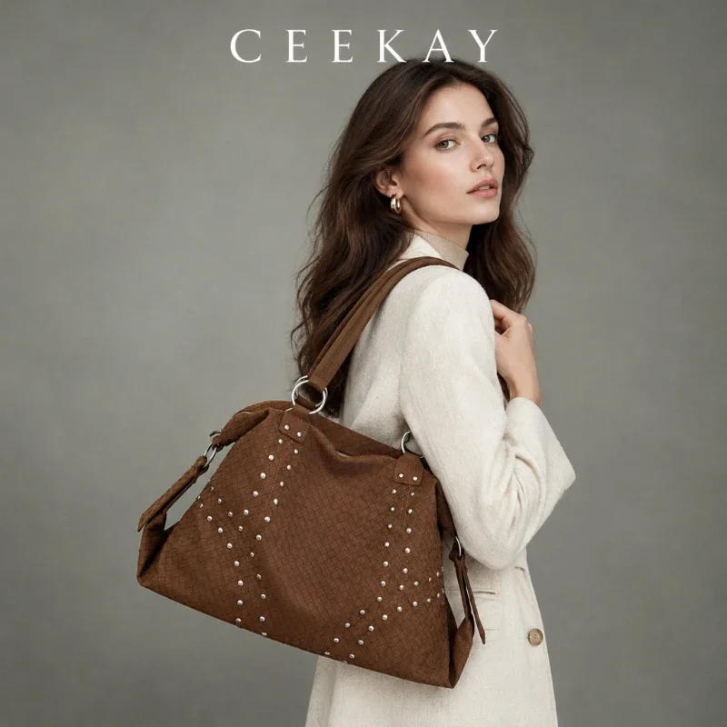 CEEKAY Woven Texture Leather Satchel Twin Handle Stud Trim Zip Top All-Match Daily Wear Spacious Elegant Classic for Women