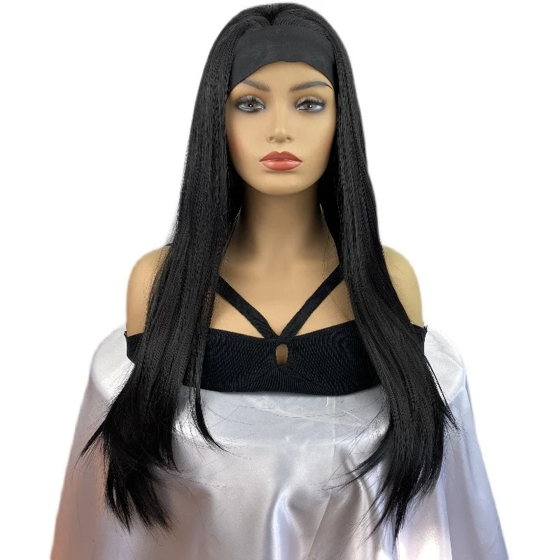 

Женский длинный прямой повязка на голову с половиной волос, шелковистый черный парик