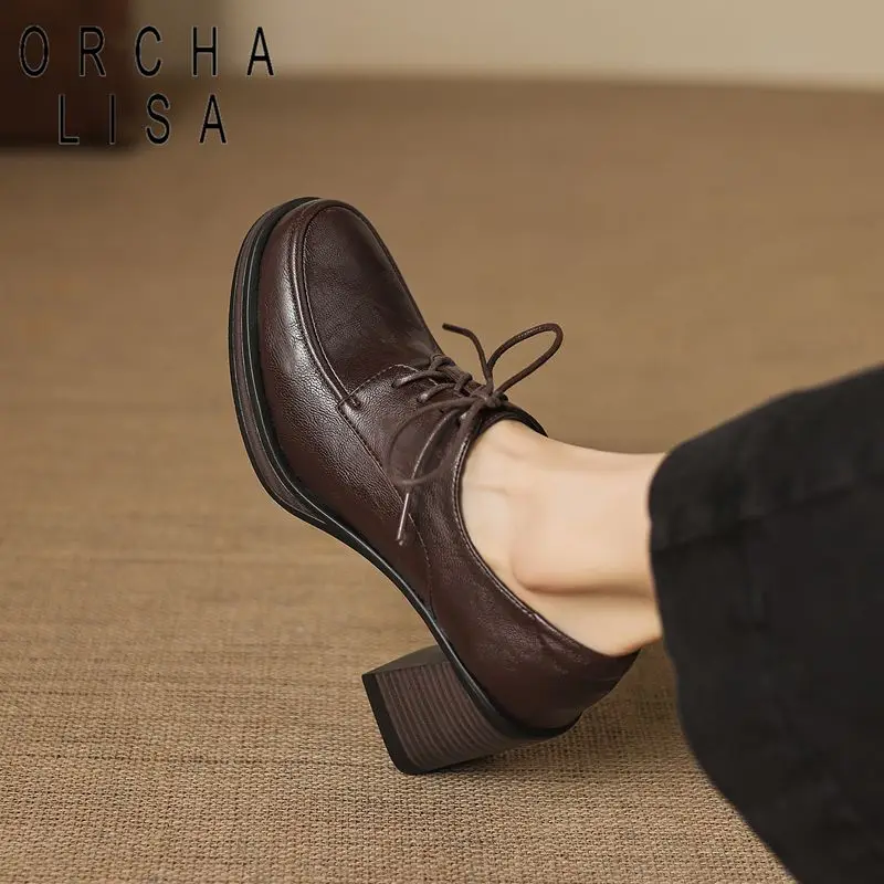 

ORCHA LISA Модные мягкие женские туфли-лодочки с круглым носком, на массивном каблуке 7,5 см, на шнуровке, большие размеры 41, 42, 43, для отдыха и офиса, осенние