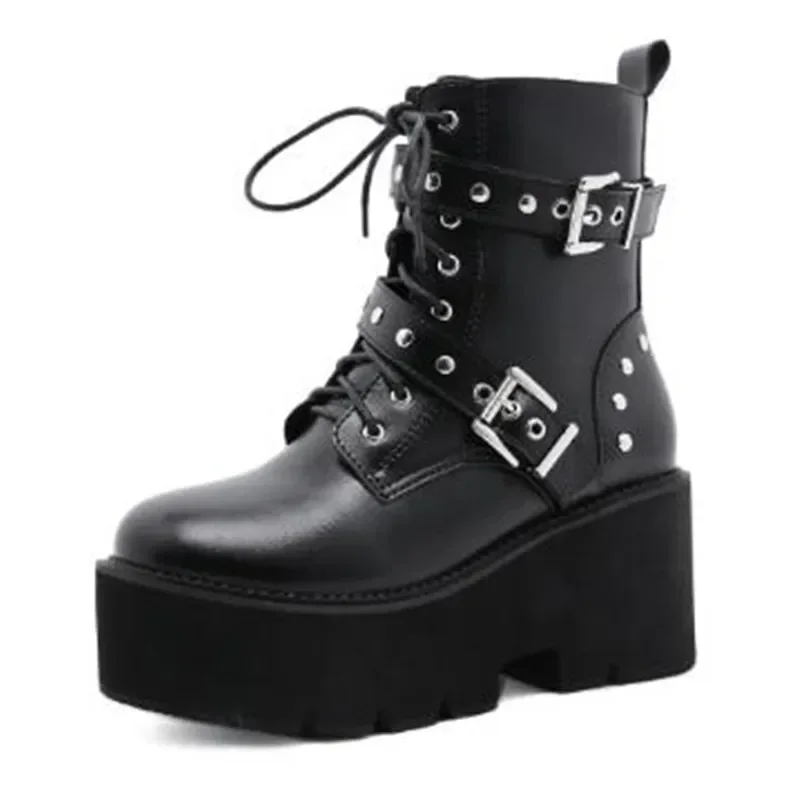 Luxury Autumn Winter Lace Up Elastic Leather Shoes Women Punk Goth Ankle Boots Sexy High Heels Balck Platform Shorts Botas Mujer