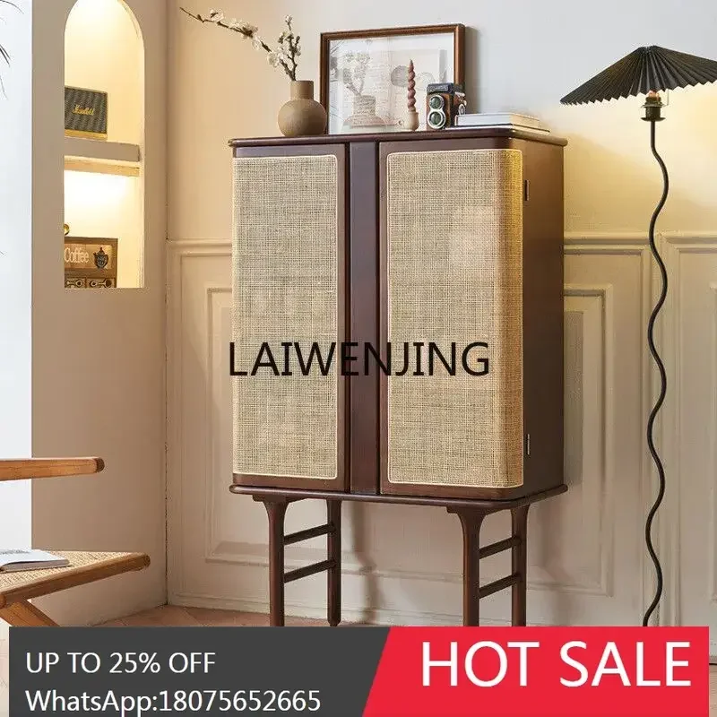 

Nordic rattan solid wood dining side cabinet wabi-sabi wind double door three-layer storage cabinet