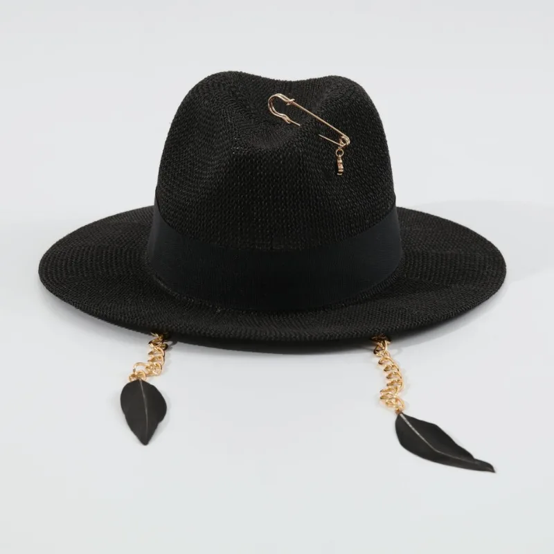 Women's New Metal Chain Feather Straw Sun Hat Beach Party Cap