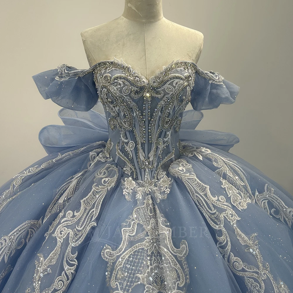 恋人カスタマイズされた光沢のあるブルーのキンセアニェーラドレスボールガウンスパンコールレースプリーツ半袖スイート16 Vestido De 15 Anos