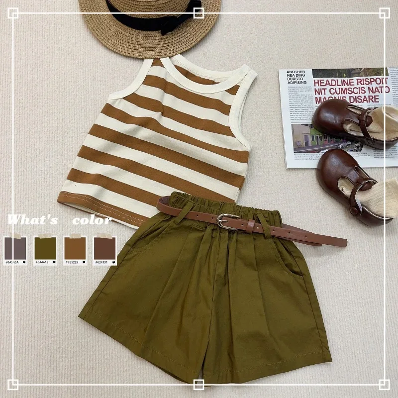 

Korean Version of Girl's Suit Summer Thin Style Children's Striped Suspender Vest + Shorts Two-piece Set