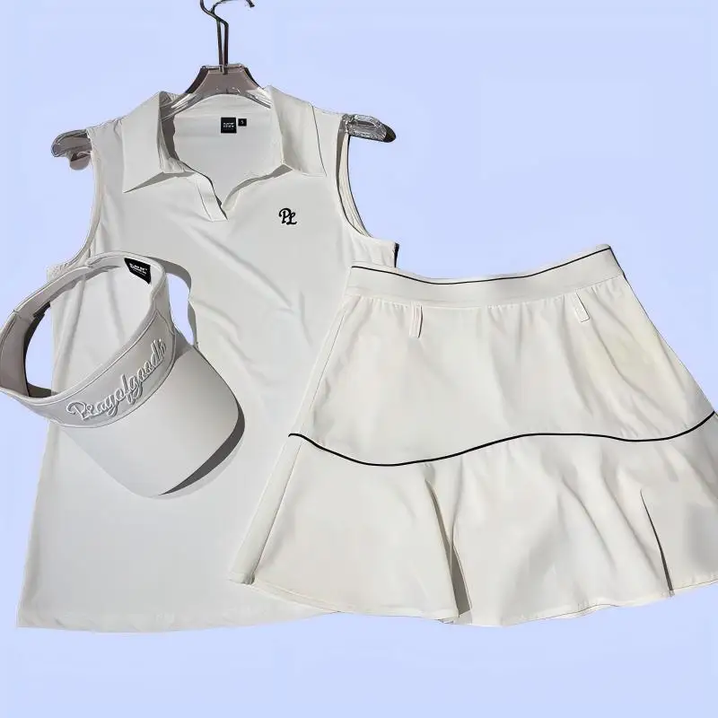 

Женская летняя футболка-поло для гольфа в корейском стиле с V-образным вырезом, без рукавов, быстросохнущая, дышащая, для отдыха, тенниса и спорта, юбка-шорты