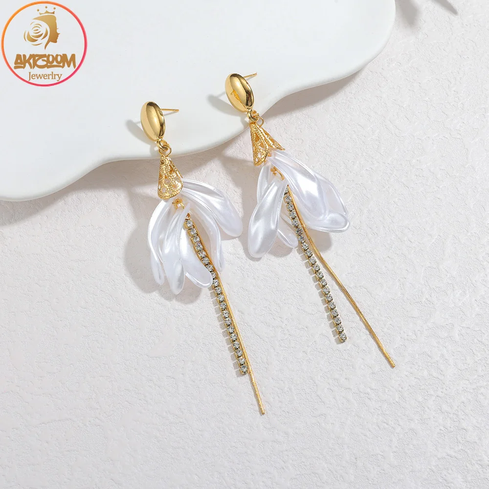 Akizoom Translucent Petals Dangle Earrings for Women Fashion Stainless Steel Hanging Long Tassel Flower Square Heart Earrings