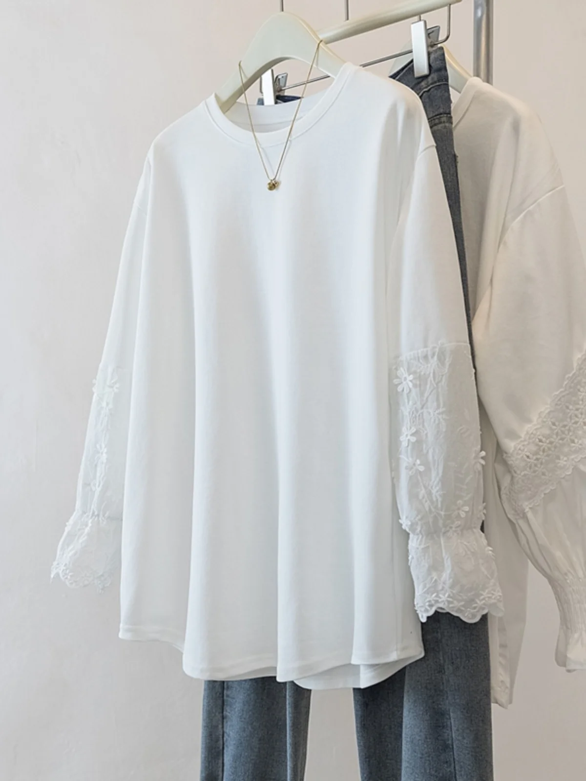 Lace Splice Long Sleeve Women's Shirt Base Layer Top plus Size Spring Autumn New Style Bell Sleeve Hollow out Embroidery Design