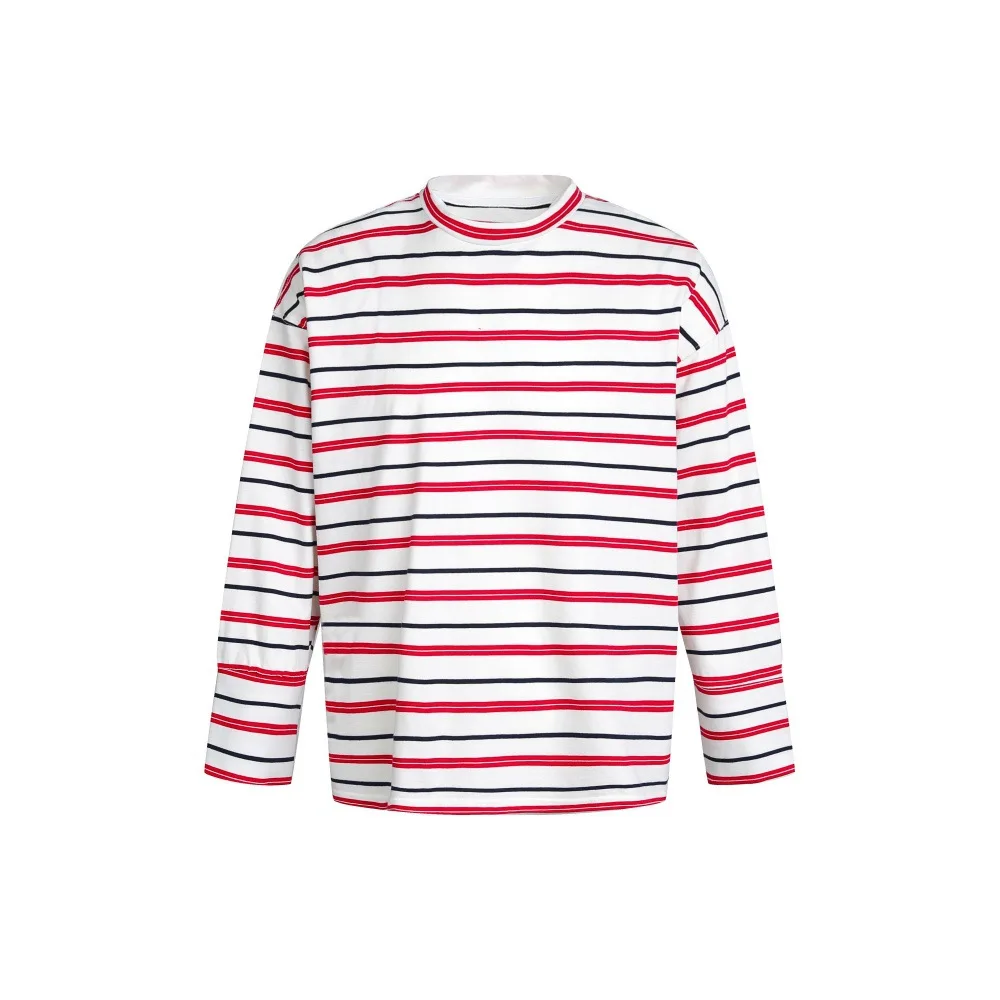 Men's American Street Style Striped Crew Neck Sweatshirt Loose Fit Casual Single-Breasted Button Cuff Top for Spring And Autumn