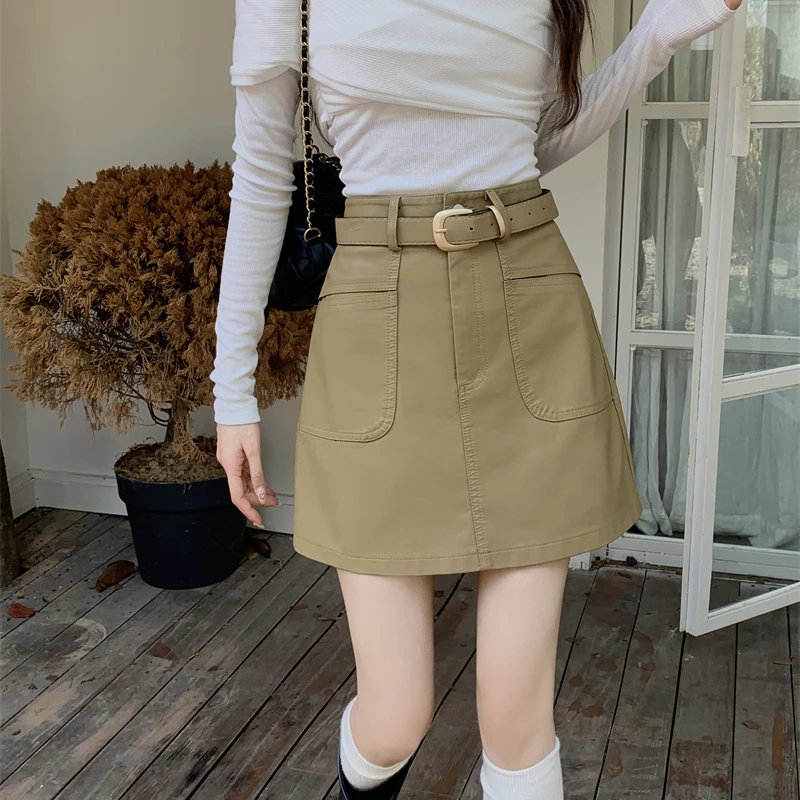 

Design Sense Vintage Skirt Women Vertical Insert Pockets High Waist Hip Leather Short Skirt Female Versatile Mini Skirt