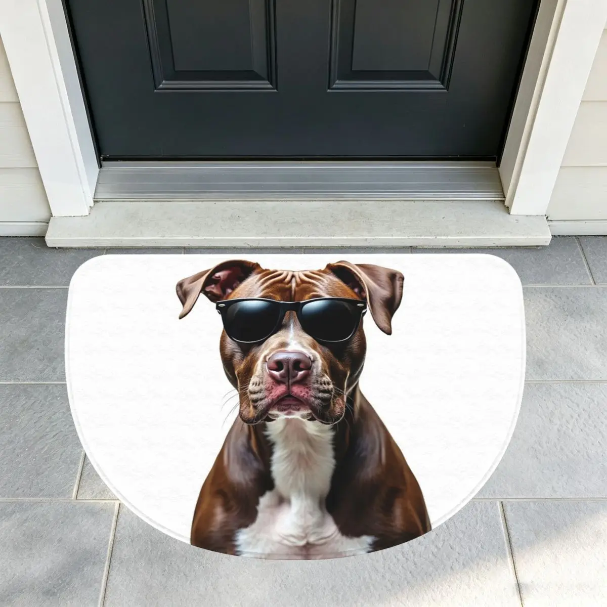 Funny Cool Pitbull Wearing Sunglasses Soft Flannel Half Round Doormat Non Slip Bathroom Mat Absorbent Floor Carpet for Garage