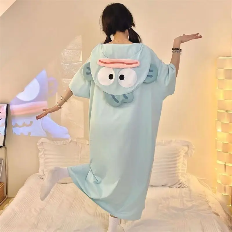 Kawaii Anime Hangyodon Kuromi Women\'s Summer Short Sleeved Pajamas Cartoon Cute Pure Cotton Hooded Home Clothing Birthday Gift