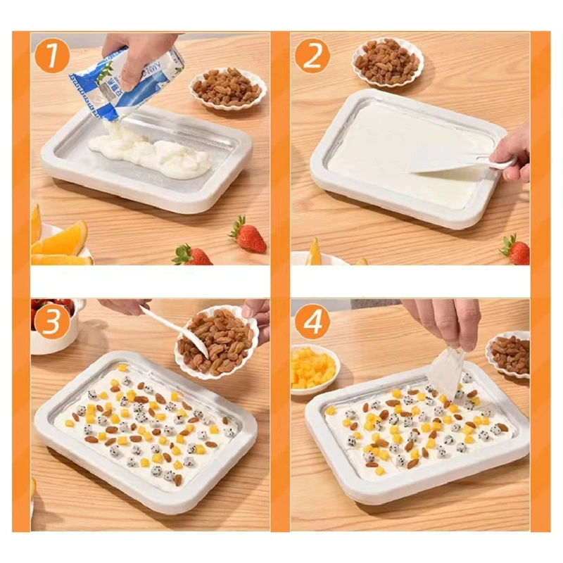 กระทะไอศกรีมพร้อมเครื่องขูดโยเกิร์ตทอด 2 เครื่องอาหารจานมัลติฟังก์ชั่น