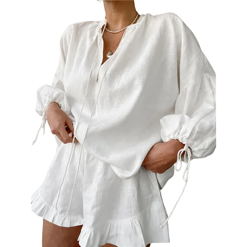 ABP-Damen-Shorts-Set, zweiteiliges, langärmliges Bindeoberteil und gerüschte Boxershorts, passendes Freizeit-Set