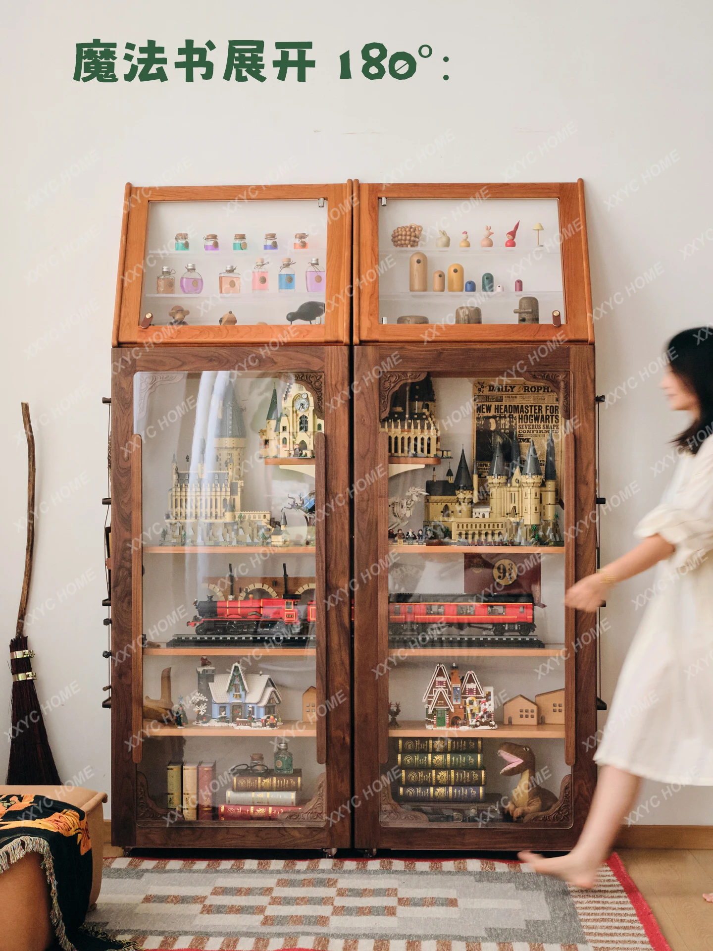 360 degree movable bookcase with wheels, retro storage display cabinet, creative art, high sense