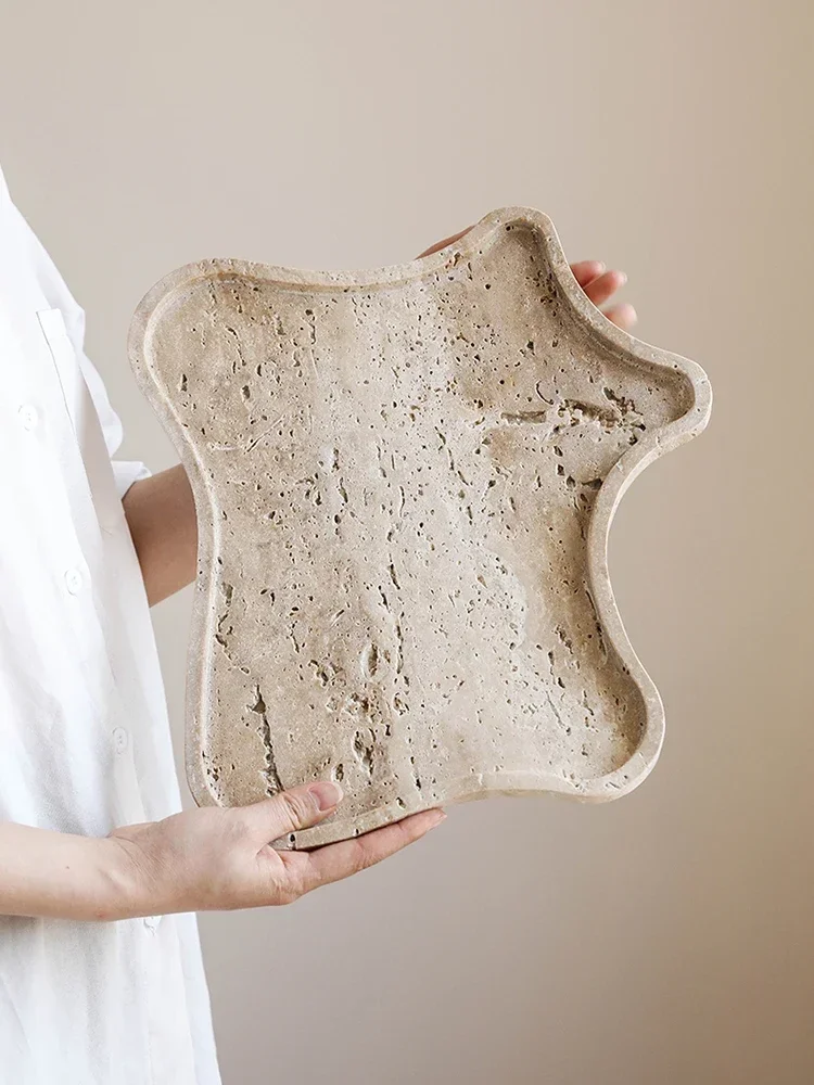 

Natural Travertine Stone Tray Handmade Irregular Bedroom Jewelry Organizer Desktop Storage Tray Wabi-Sabi Style Home Decoration