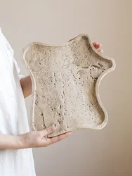 Natural Travertine Stone Tray Handmade Irregular Bedroom Jewelry Organizer Desktop Storage Tray Wabi-Sabi Style Home Decoration