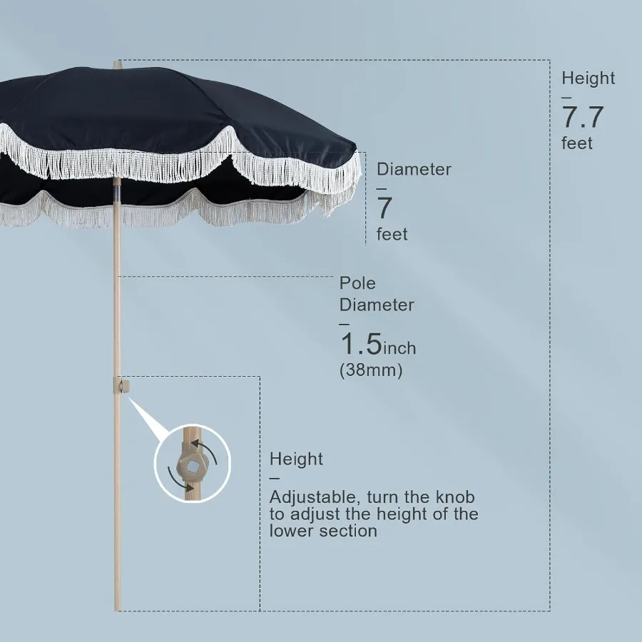 Sombrilla Boho Beach Patio de 7 pies con paraguas de mercado con flecos con protección UV UPF 50+ y dosel resistente al agua 1,5 madera P