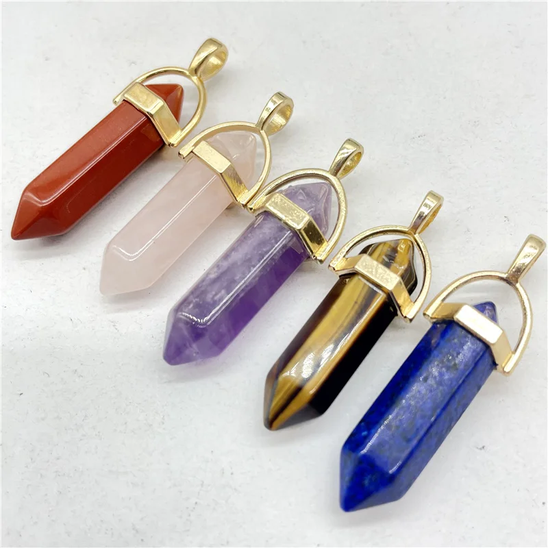 Fashion Natural Gem Stone Quartz Crystal Tiger Eye Hexagonal Pendulum Reiki Pendant Charms DIY Jewelry Making Necklaces 24Pcs