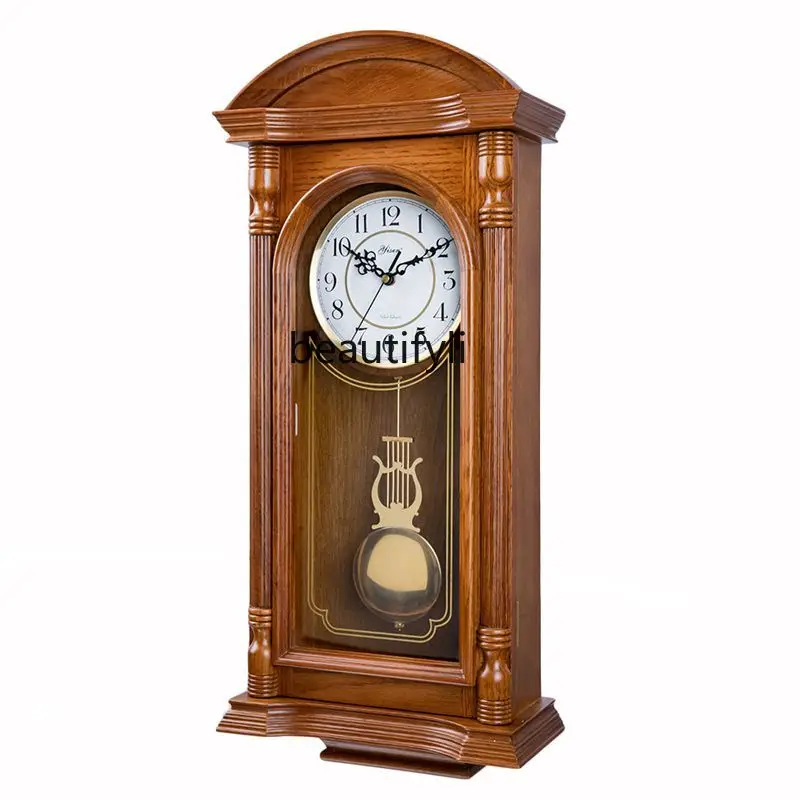 

Solid Wood Living Room Wall Clock European Retro Pendulum Clock Chinese Rectangular Quartz Pocket Watch