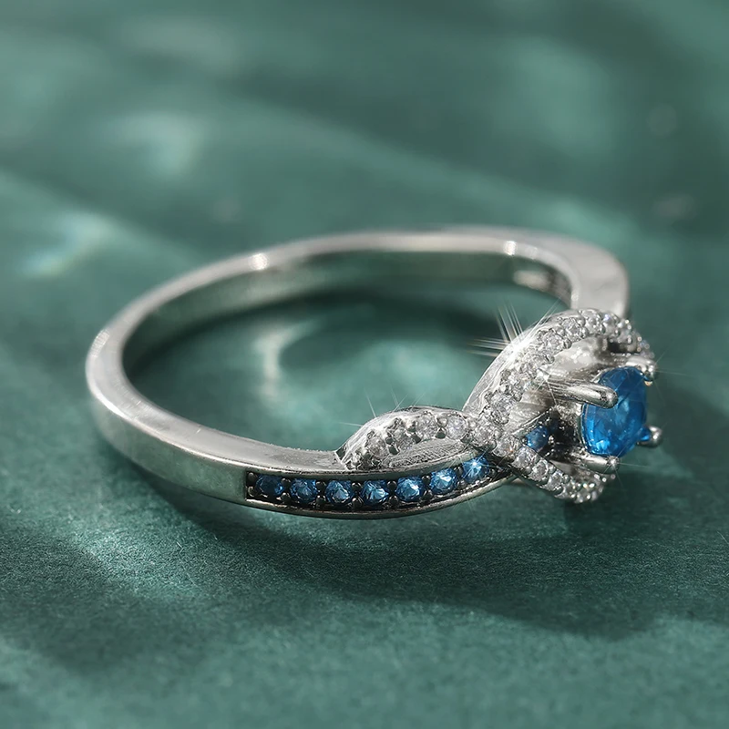 Eleganter Eingelegter Weiß-Blauer CZ Damenring Trendiger Silberfarbener Geometrischer Hohler Alltags- und Partyschmuck Jubiläumsgeschenk – Detail 2