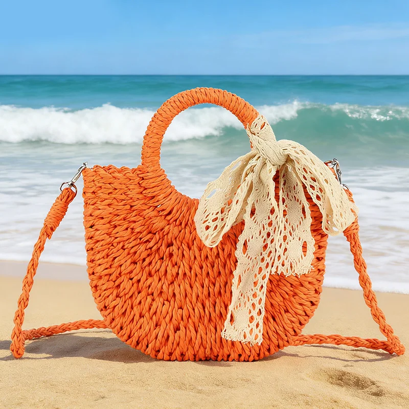 

Вместительная женская летняя сумка через плечо с ажурным плетением, ручной работы, из соломы и ротанга, в форме полумесяца, пляжная сумка