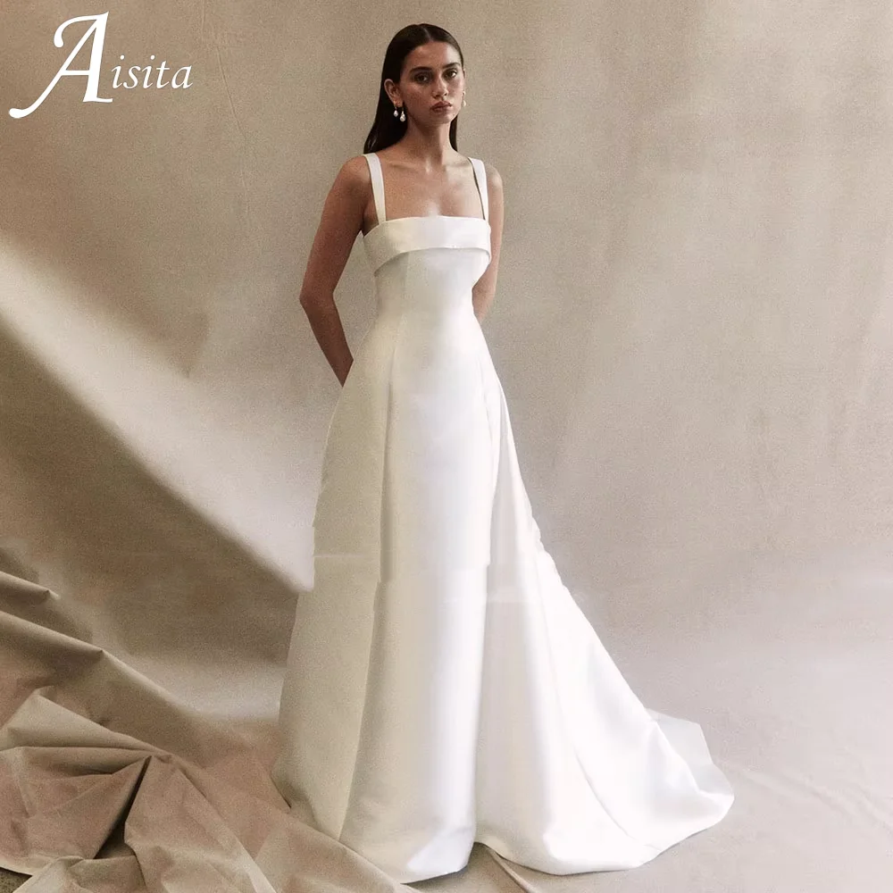 Robe de mariée trapèze en Satin blanc, élégante, col carré, dos nu, bretelles Spaghetti, robe de princesse personnalisée pour femmes