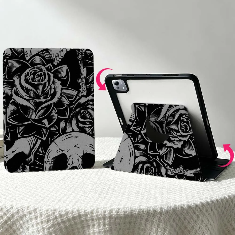 Floral Skull Pattern For Xiaomi Mi Redmi Poco Pad 8 7 7S 6 6S 5 SE Pro Ultra 360° Rotation Stylus Storage Tablet Case Soft