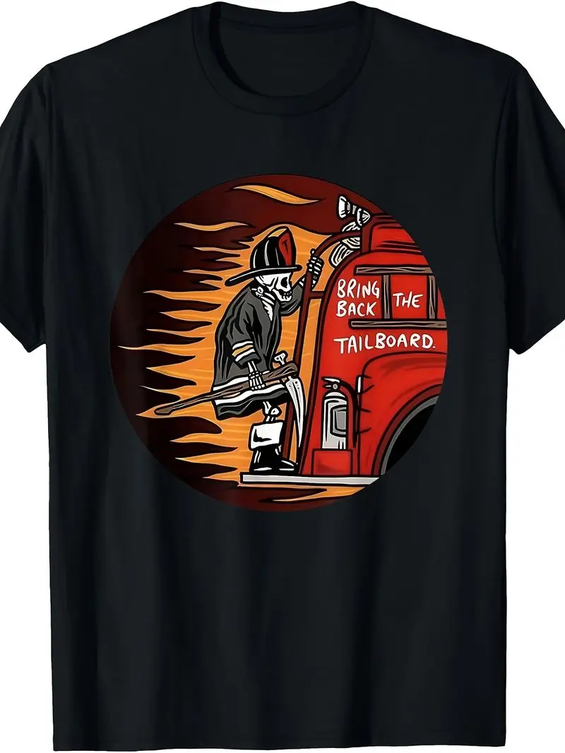 Men's & Women's Vintage Firefighter T-Shirt Retro Skeleton Fire Dept Graphic Tee With Tailboard Fire Station Gift For Firemen