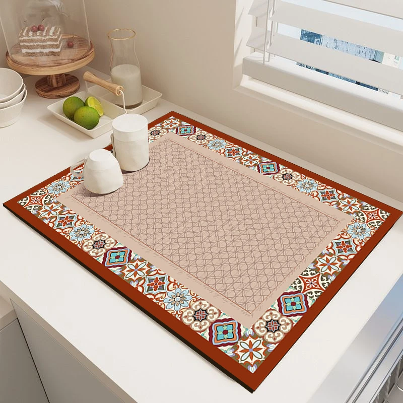 VIKAMA Kitchen Drain Mat Nordic Ethnic Geometric Snowflake Floral Non Slip Absorbent Washable Durable Easy Clean Waterproof Soft